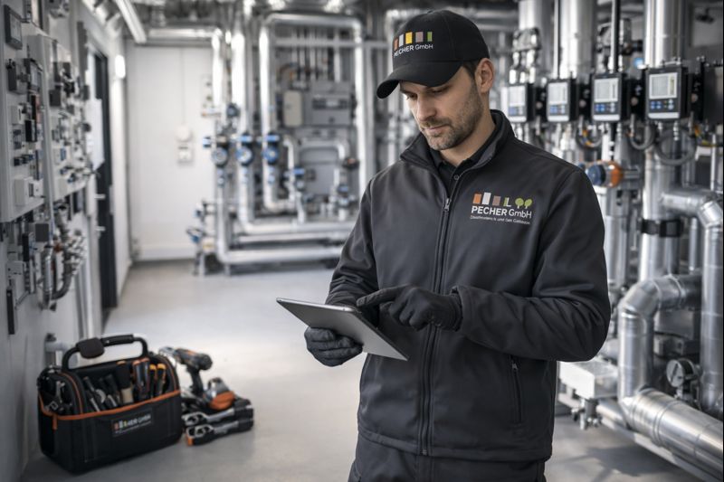Pecher -Hausmeisterservice mit Werkzeug und Tablet
